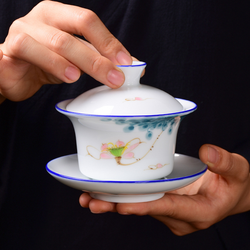 Cubierta pintada a mano Tazón Taza de té de cerámica juego de té de Kung Fu hogar tamaño pequeño Tazón de té Taza blanca tostada de porcelana Taza de té de tres piezas cubierta Tazón