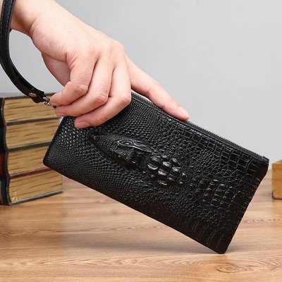 头层牛皮小手包男士手拿包真皮钱包潮流手机包鳄鱼纹手包手拿拉链