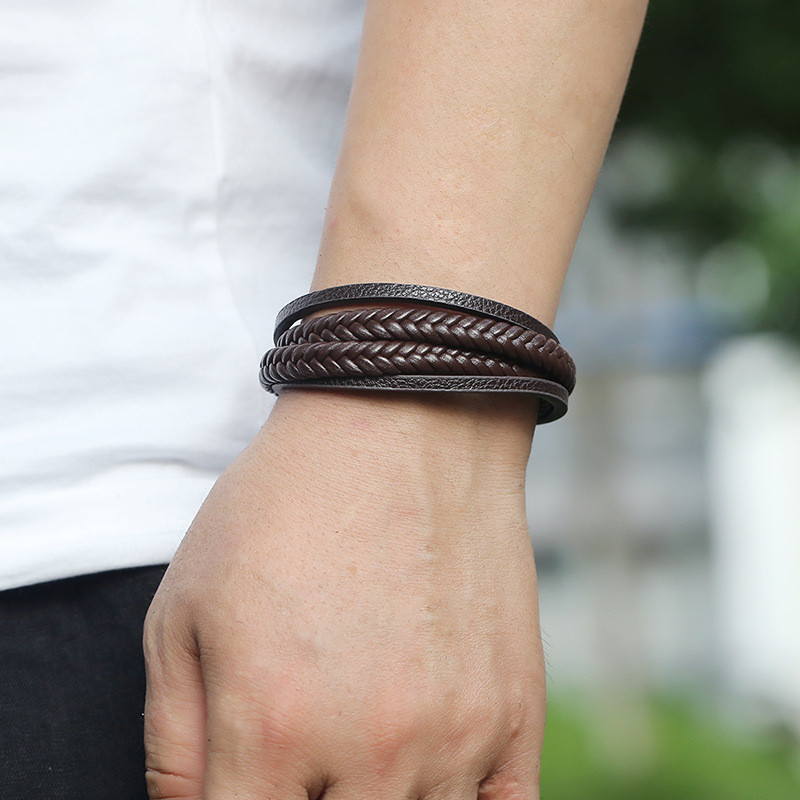 Men's Leather Bracelet, Multi-layer Woven Wristband With Magnetic Clasp_voghion.com