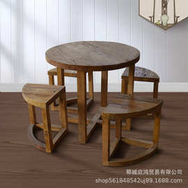 木质茶桌椅组合 简约圆形茶几功夫茶桌迷你实木茶台椅可定 制