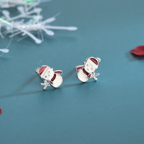 S925 silver diamond dripping oil cute Santa Claus earrings asymmetrical snowflake snowman earrings Christmas gift