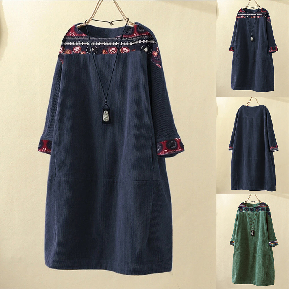 2021秋冬新款 圆领套头民族风印花七分袖 宽松灯芯绒 女装连衣裙