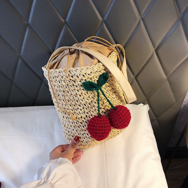 New Korean Straw Bucket Bag Cherry Woven Messenger Bag Shoulder Bag Beach Bag Vacation Beach Bag display picture 2