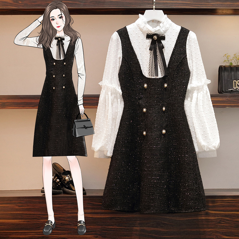 Big size dress 2020 Autumn and winter new pattern Fat sister Retro Show thin Mosaic False two Fur Dress