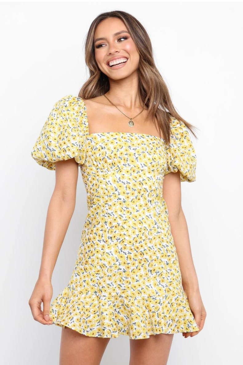 square neck short puff sleeve slim ruffle floral dress NSJRM125260