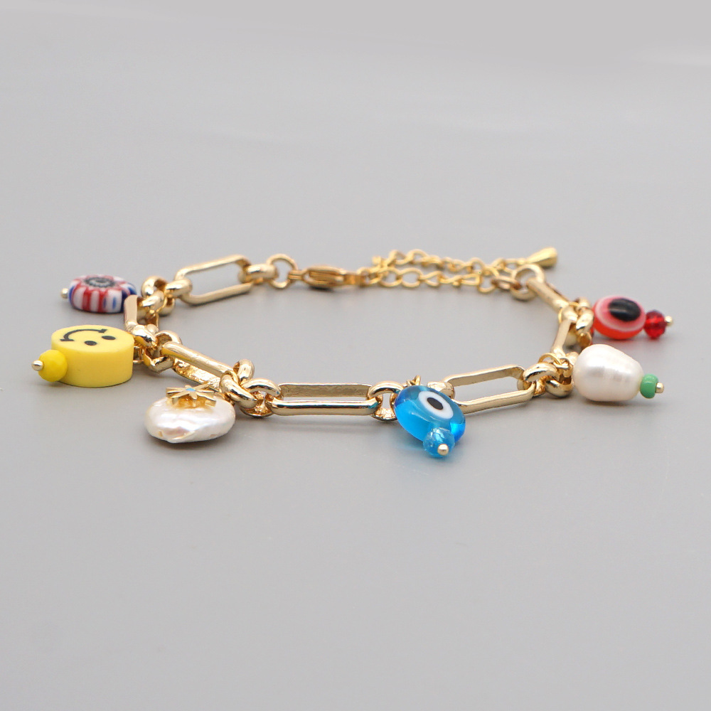 Kreative Mode Edelstahl Armband Süßwasserperle Smiley Glas Blume Perlen Armband display picture 3