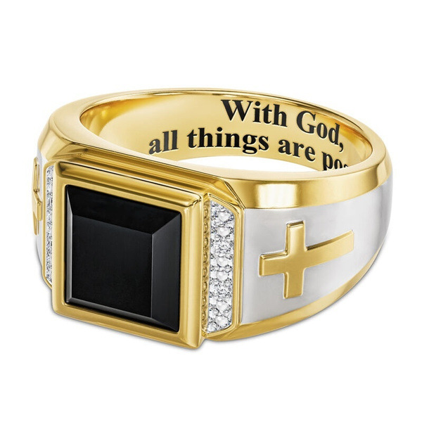 Retro Cross Letter Square Metal Inlay Artificial Gemstones Men's Rings Necklace display picture 3