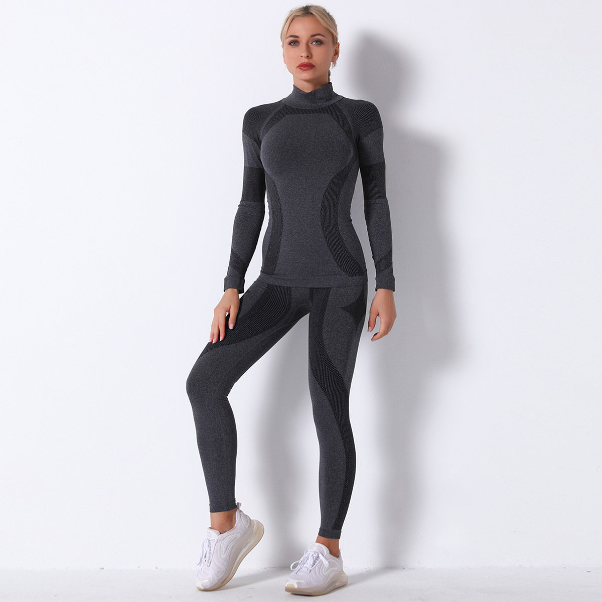 High Neck Striped Seamless Long Sleeve Fitness Suit NSNS11061