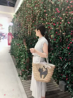 三菱草手提包 镶钻卡通猫单肩包 欧美风格草编包 休闲度假沙滩包