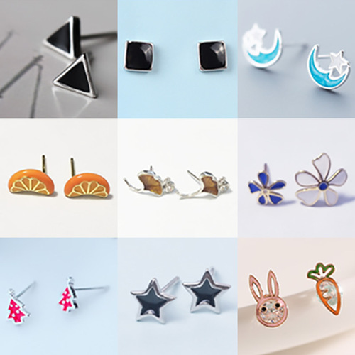 Stall creative enamel 925 silver earring, needle earring for women, Korean version cute minimalist small earring set, 11 pairs earring collection for women