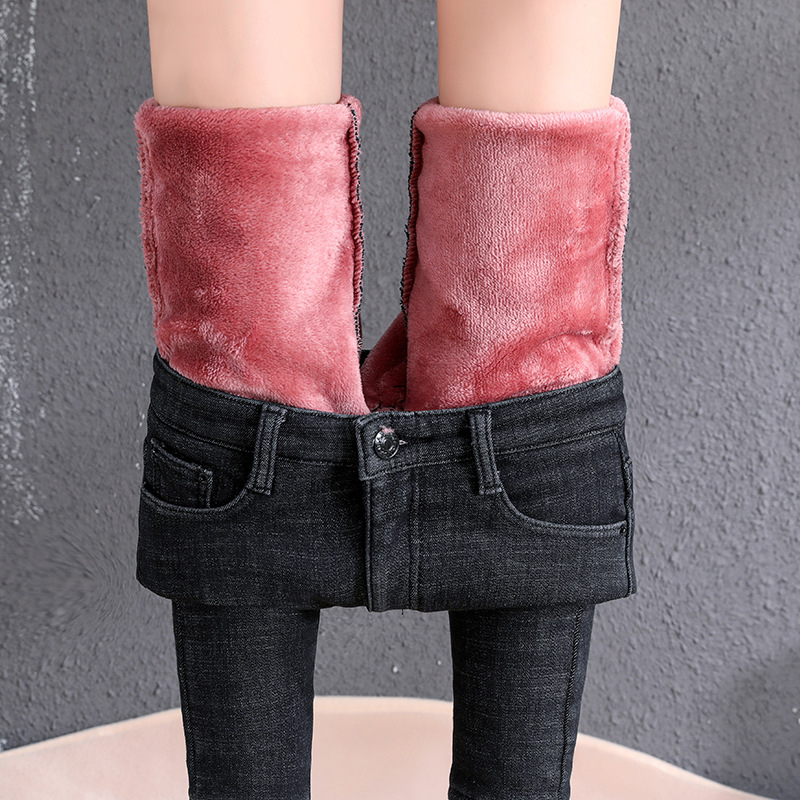 2021 Autumn and Winter New Internet Celebrity Fleece-lined Jeans Women's High Waist Skinny Pants Tight Thickened Outer Wear Slimming Trendy Pants