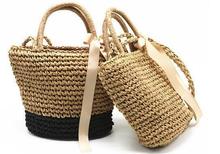 草編鈎針絲帶 紙繩包 復古編織包 肩背手提兩用包大小號 一件代發