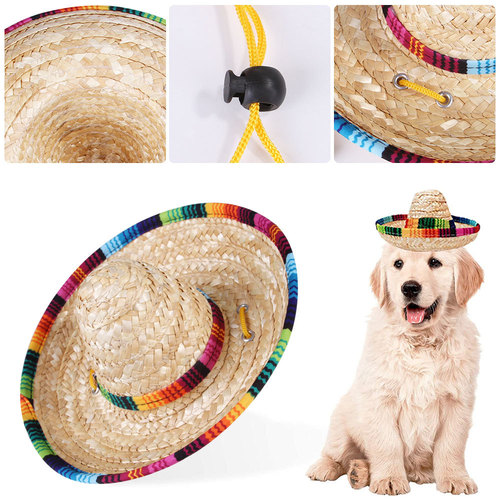 Amazon Foreign Trade Pet Braided Straw Hat Western Mexican Style Hat Spring and Summer Sun Shade Adjustable Hat