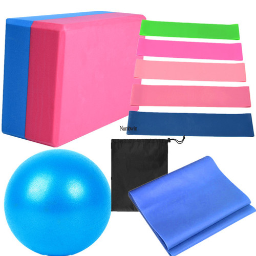 Nine-piece set of yoga bricks, two-color exercise bricks, latex butt abuse rings, 5-piece set, 25cm yoga balls, yoga elastic bands