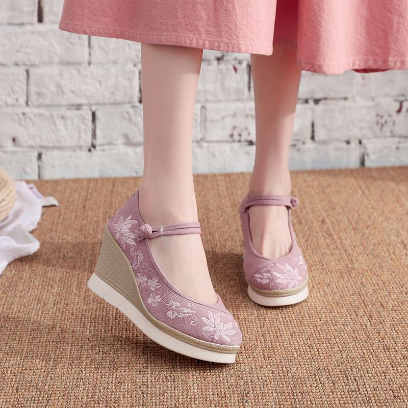 Fairy Chinese folk dance hanfu shoes cloth shoes embroidered shoes high restoring ancient ways with 9 cm wedges Beijing antique hanfu shoes women shoes