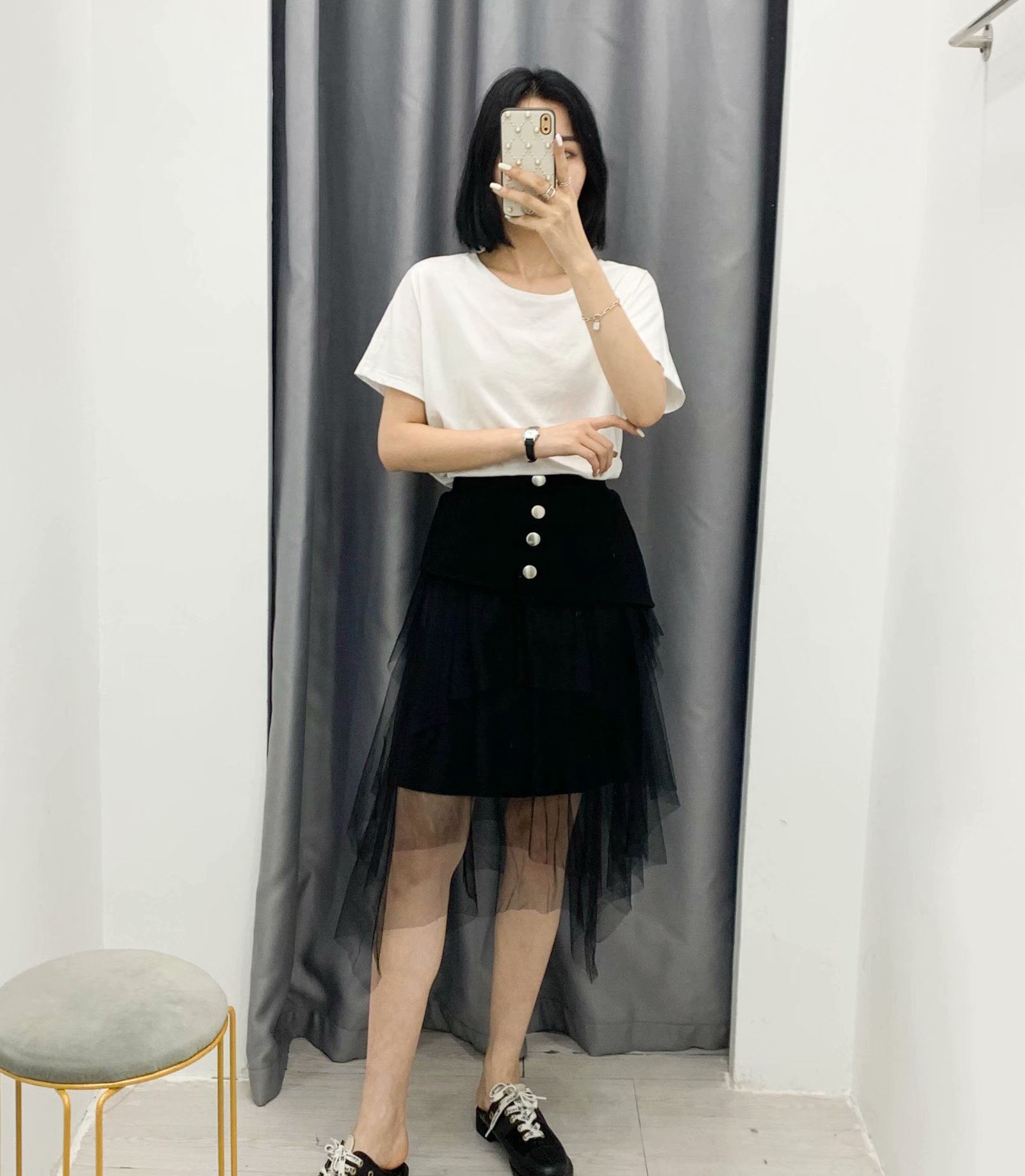  thin black mid-length knitted skirt  NSAM4522