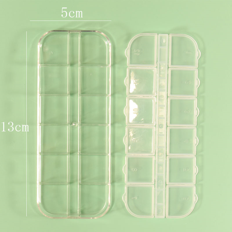 Fábrica al por mayor de uñas 12-rejilla larga caja de almacenamiento transparente acrílico joyería rhinestone caja de embalaje caja larga