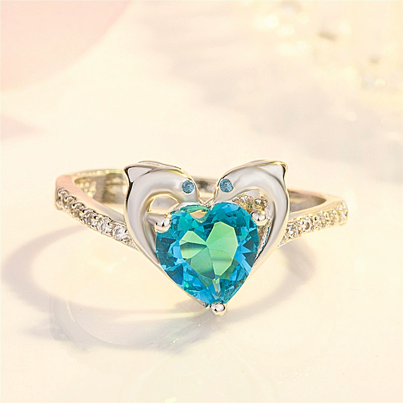 Creative fashionable sapphire wedding ring heart shaped, micro incrustation