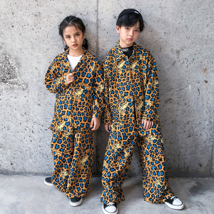 Girls Leopard street hip-hop jazz dance costumes for kids rapper singers gogo dance outfits for boys fashion trendy hip hop wide-leg pants 