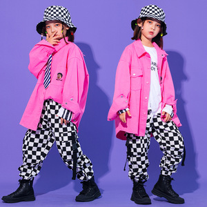 Children's pink yellow plaid street dance hip hop costumes Boys handsome hip hop dance outfits girls Jazz Performance clothes