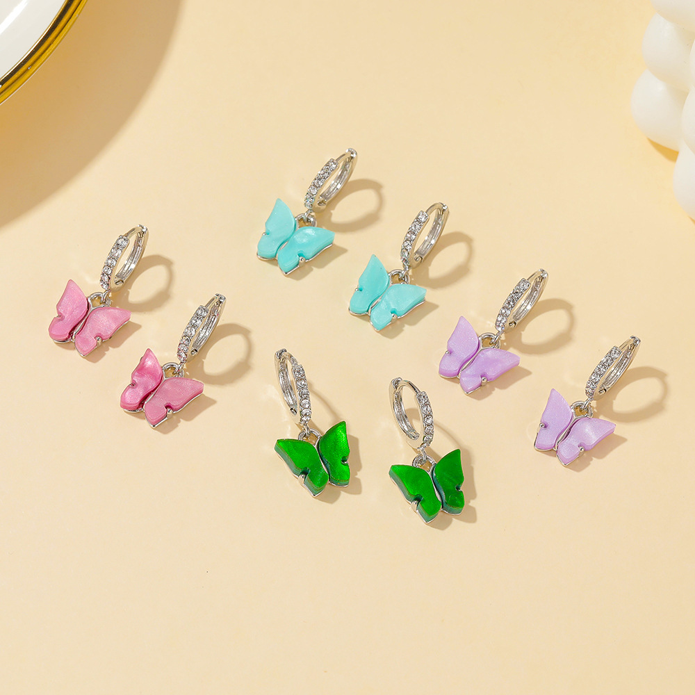 Korean Best Selling Sweet Color Diamond Colorful Acrylic Butterfly Earrings Wholesale display picture 7