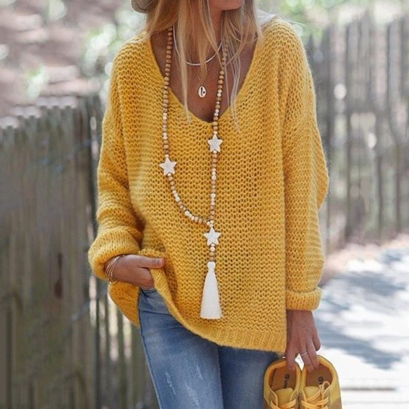 Damen Strickpullover Mit V-ausschnitt Und Langen Ärmeln_voghion.com
