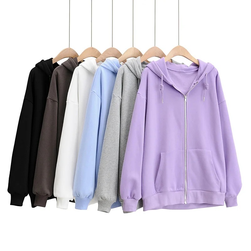 loose zipper solid color hooded sweatershirt NSAC21595