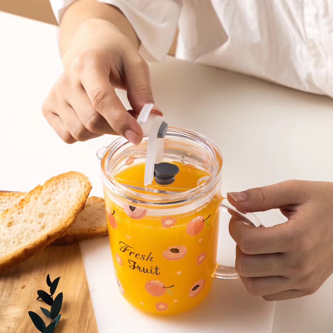 Vidrio de paja hogar niños taza de agua hembra linda chica con mango ins estilo fruta leche taza de té taza de limón
