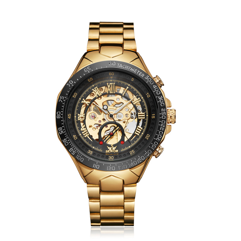 SEWOR correa de acero de moda para hombres reloj mecánico automático reloj mecánico de negocios reloj transparente hueco 768