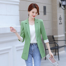 中长款绿色西装外套女2020年春夏韩版休闲百搭垂感薄款小西服上衣