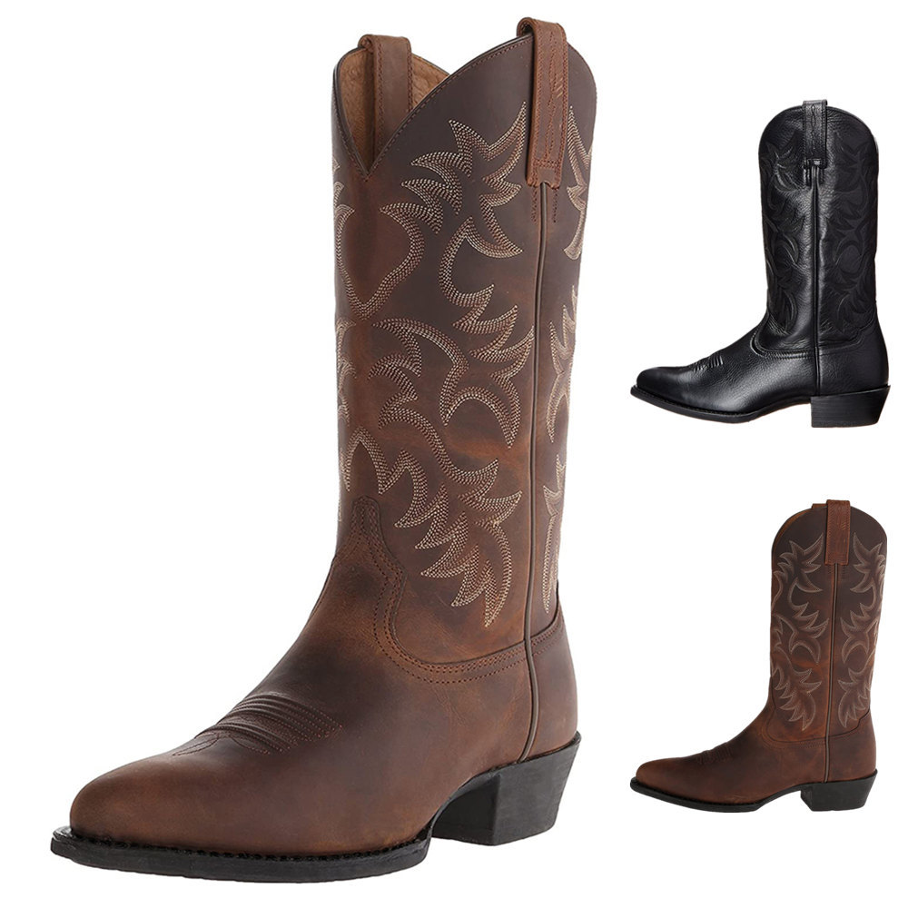 Men'S Embroidery High Heeled Wooden Root Medium Boots Western Cowboy Boots