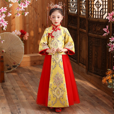 Girls Han worship dress long sleeve children Tang suit guzheng performance dress children cheongsam dress