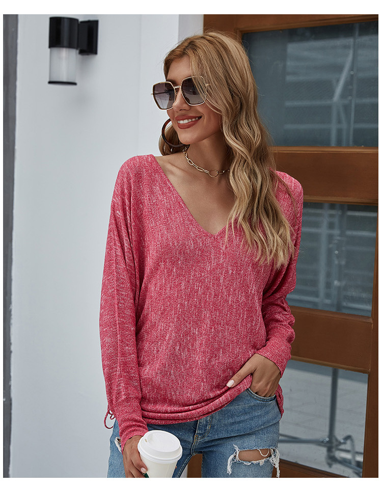 V-neck thin knit sweater women hot style women s drawstring pullover bat sleeve loose knit top NSYH7146