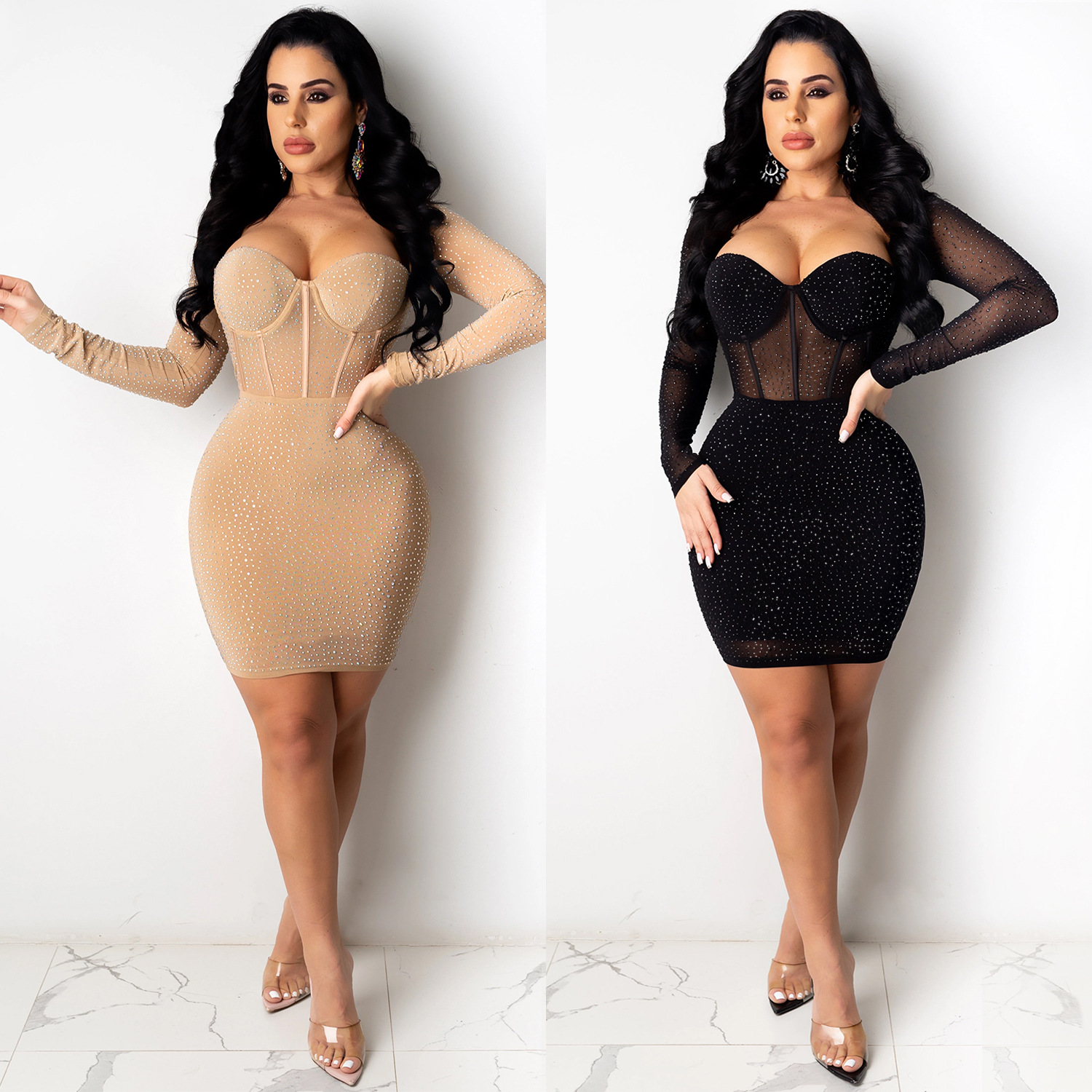 Long Sleeve Off Shoulder See Through Dress NSXYZ68539