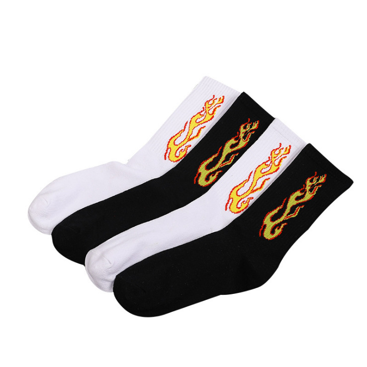 Men's Flame Pattern Crew Socks Japanese Street Style Cotton Sports_voghion.com