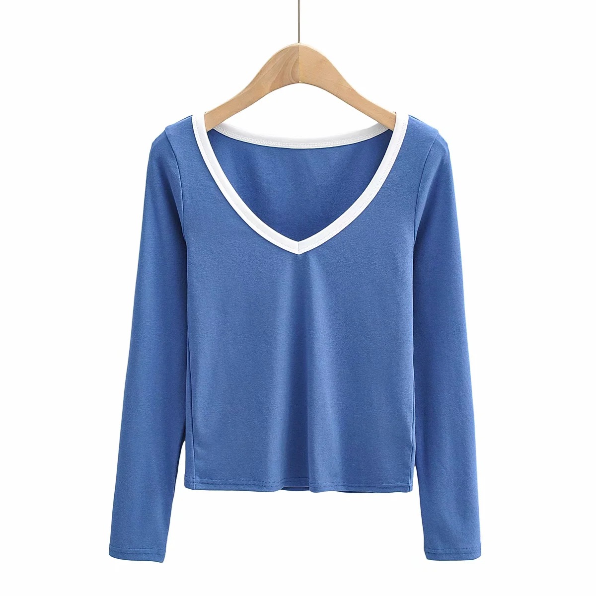 V-neck color matching long-sleeved T-shirt  NSHS43538