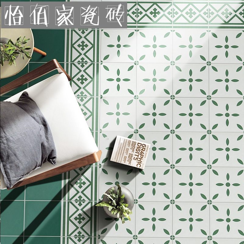 北欧风全瓷绿色花砖200x200餐厅服装店个性防滑地砖卫生间仿古砖