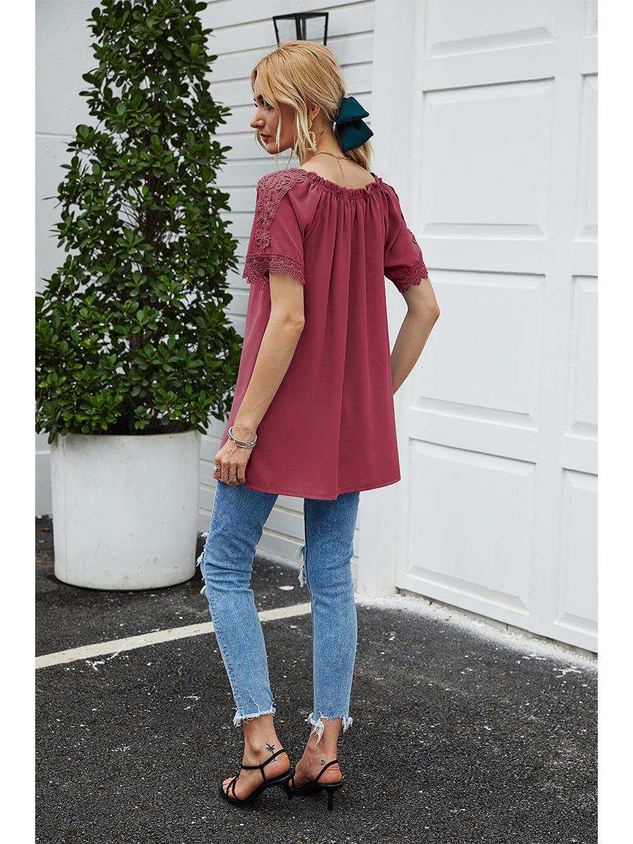 solid color lace one-shoulder hooded casual short-sleeved T-shirt NSAL2880