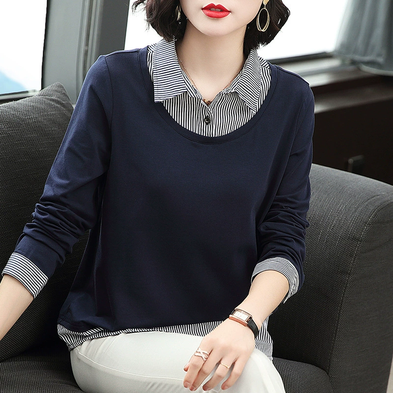 2023 Весна и осень, новая хлопковая осенняя одежда, футболка с лацканами и длинными рукавами, женский свободный топ из двух предметов для мам среднего возраста