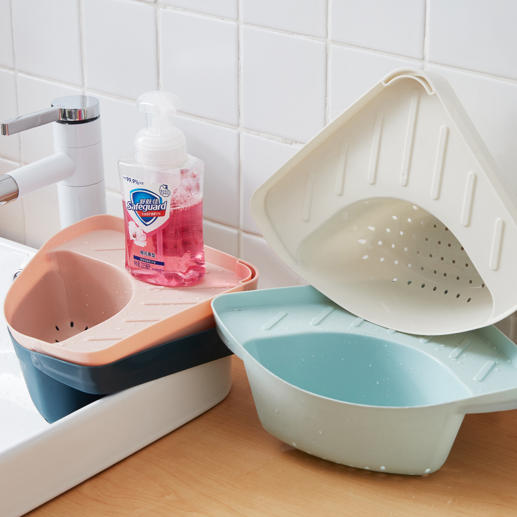 Triangular sink rack kitchen drain storage basket sink food residue filter rack fruit storage blue