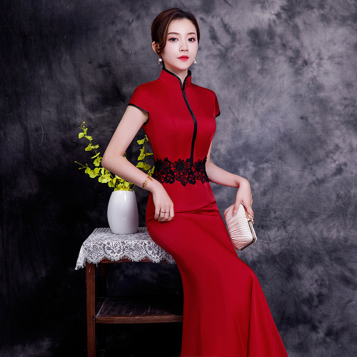 Wine red evening party  dress for women oriental qipao dresses Mermaid model team catwalk cheongsam host singers choir plus size long gown for lady 