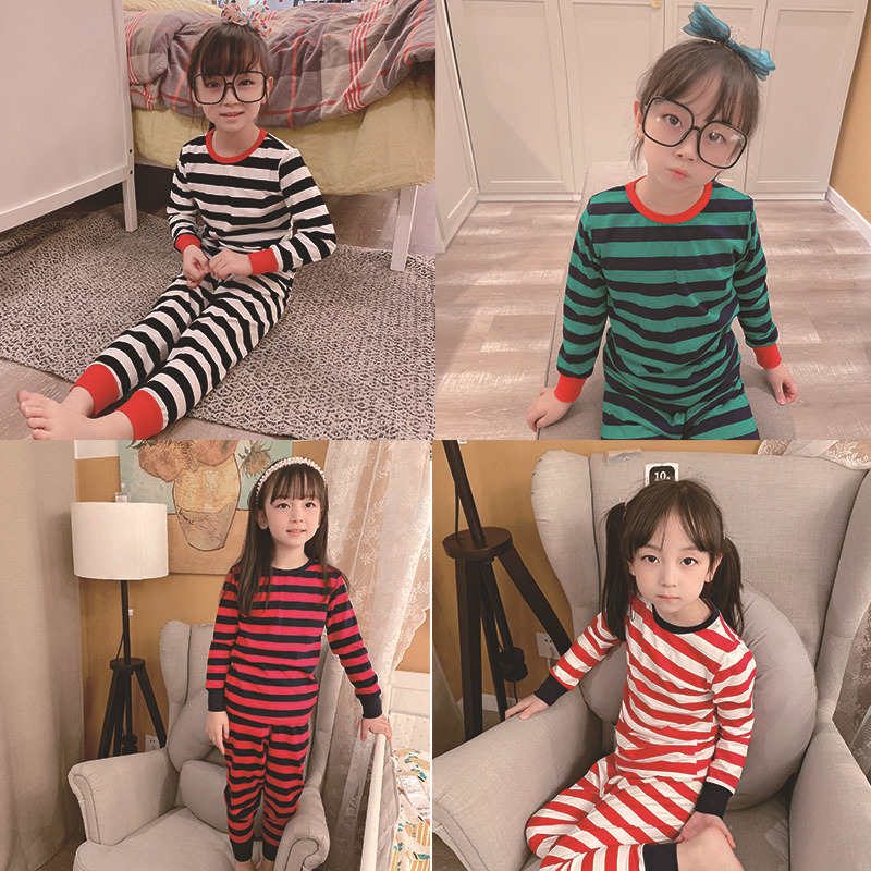 春秋条纹睡衣圣诞新年居家服男女儿童秋衣裤纯棉内衣kid pajamas|ru