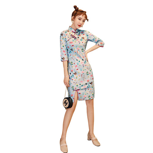 Cheongsam women fashion cute standing collar short cheongsam dress