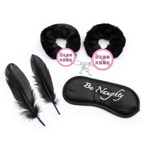 Foreign trade export black butin iron handcuffs two feathers three-piece set red sex toys bondage toys tied