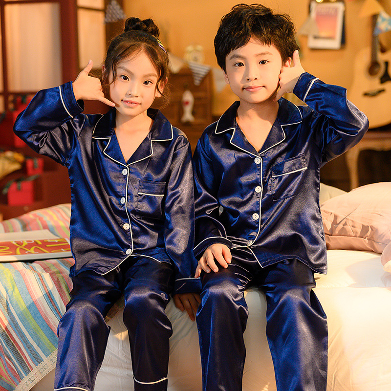 (2개) 남성과 여성을위한 새로운 봄, 가을 긴팔 모조 실크 단색 잠옷, 실크 가디건 세트, 귀여운 아동복