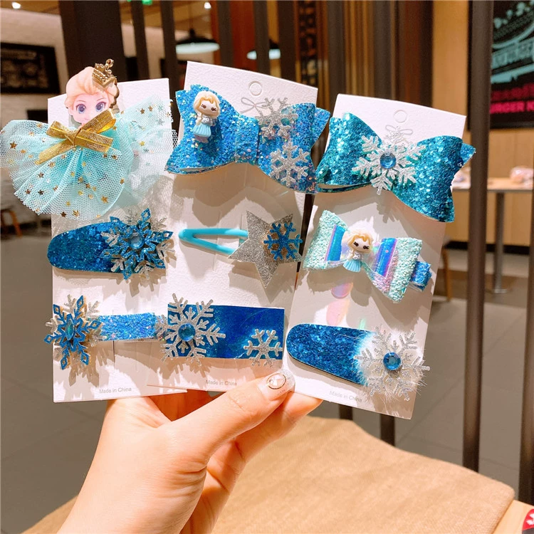 Children's hairgrip with bow for princess, cartoon hair accessory, hair rope, set, Korean style, with snowflakes