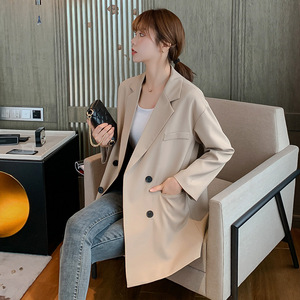 2020年春季韩版休闲百搭大码西装外套女中长款宽松网红西服设计感