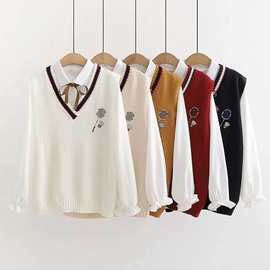 韩版搭配V领马甲背心+春装新款女学生蝴蝶结白色衬衫两件套6188