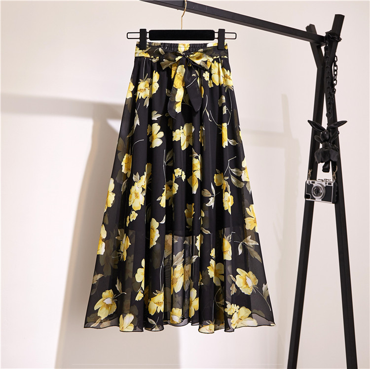 Polyester, Chiffon Fabric Type Summer Casual Vintage Style Geometric Polka Dots Flower Polyester Chiffon Maxi Long Dress Skirts