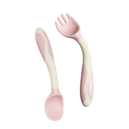 Infant twisting spoon and fork bent crooked handle silicone spoon children's baby training spoon and fork combination baby food supplement tableware